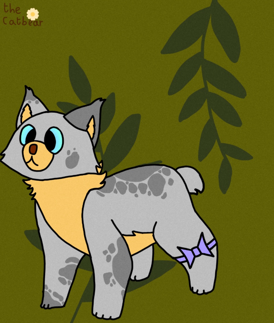 A Graphic of a very loveable looking Cat Bear called... Catbear.  She has grey fur and yellow chest fluff.  She is wearing a purple bow on her left rear leg.  She was inspired by a red panda drawing by @piles-of-peaches.